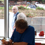 Curious onlookers outside The Hepworth as workshop taking place inside